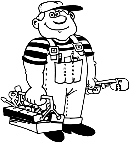Man with tool box vinyl sticker. Customize on line.      Blacksmiths 012-0045  